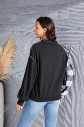 Plaid Exposed Seam Long Sleeve Blouse OutfitFlow